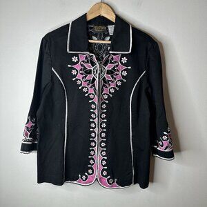 Bob Mackie Jacket Wearable Art Womens XL Black Pink Floral Embroidery Cut Out